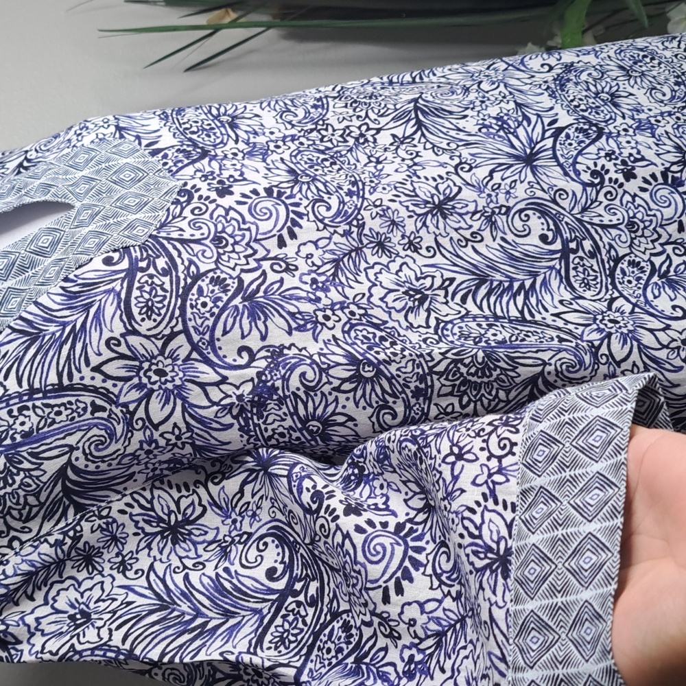 Sigrid Olsen 100% Linen Paisley Floral Tunic Top Blue White Size M